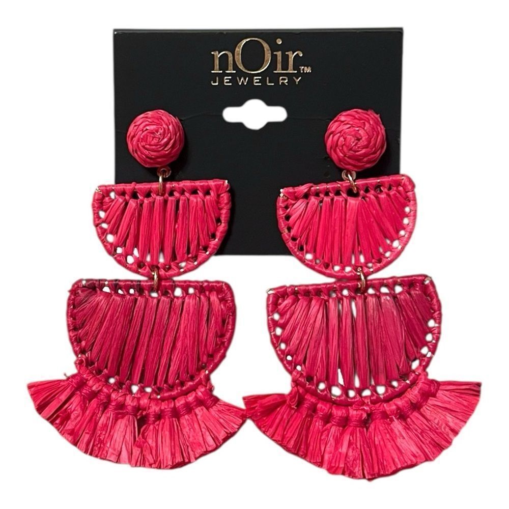 nOir Jewelry Hot Pink Raffia Tiered Fringe Drop Earrings